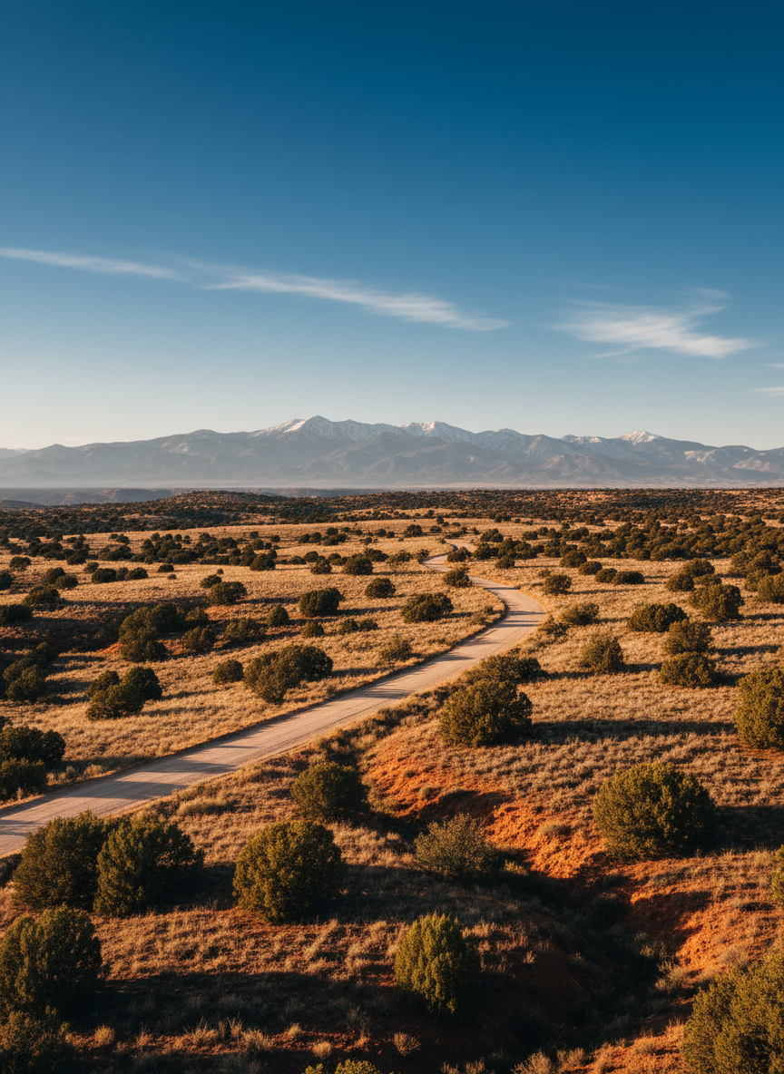A sunlit, high-desert landscape outside Santa Fe captured in panoramic photographic realism, featuring a winding dirt road leading toward distant snow-dusted Sangre de Cristo Mountains. In the midground, scattered piñon and juniper trees with deep green needles punctuate the golden grasses and reddish soil. The sky is a vast, intensely blue dome with a few high, wispy clouds. Late afternoon light bathes the scene in warm tones, casting long, soft shadows that emphasize gentle hills and arroyos. Shot from a slightly elevated vantage point to create strong depth, the road draws the eye toward the mountains on the horizon. The mood is expansive, contemplative, and subtly adventurous, evoking the feeling of a Texan exploring new terrain while maintaining a professional, clean aesthetic.