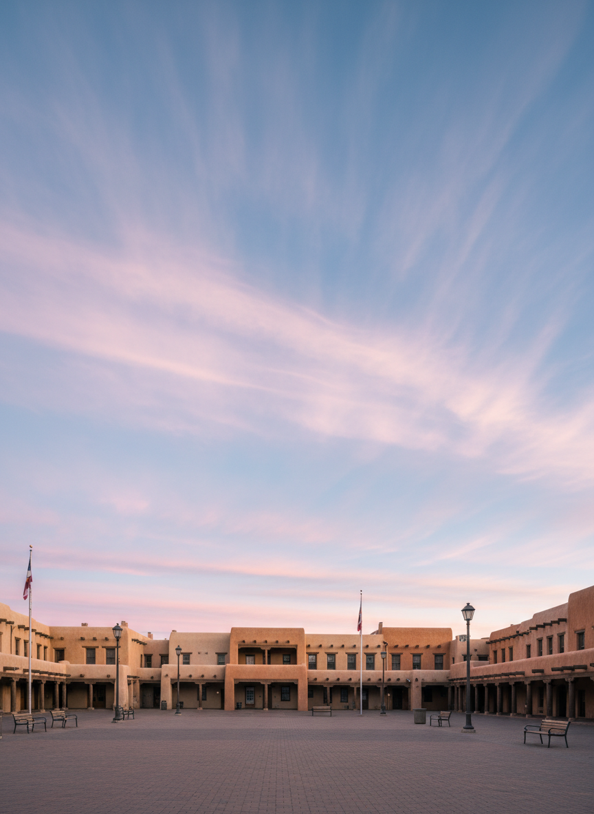 A wide, panoramic photographic image of the Santa Fe Plaza at dawn, completely empty of people, focusing on the adobe facades with their rounded corners, exposed wooden vigas, and soft earth-toned stucco ranging from sandy beige to warm terracotta. The camera is at eye level, framed using the rule of thirds so the low adobe buildings sit beneath a vast high-desert sky streaked with pale pink and lavender clouds. Cool early morning light washes gently across the scene, creating long, delicate shadows from lampposts and benches. Flags hang motionless, and the brick paving glows faintly. The mood is calm and anticipatory, capturing the quiet heartbeat of Santa Fe before the day begins, rendered in crisp photographic realism with subtle depth of field for full architectural detail.