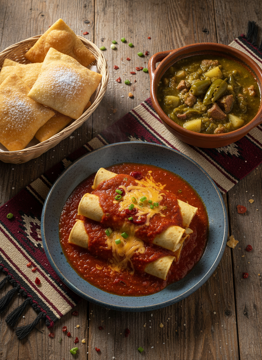 A richly detailed overhead photographic shot of a rustic wooden table set with an authentic New Mexican meal: a blue-speckled ceramic plate filled with stacked cheese enchiladas smothered in red chile, a separate bowl of vibrant green chile stew, and a side of puffy, golden sopapillas dusted with a hint of powdered sugar. The red and green sauces glisten under soft, warm pendant lighting, casting gentle shadows and highlighting textures of melted cheese and roasted chiles. A woven Navajo-style table runner in deep reds, blacks, and creams runs diagonally beneath the dishes. Tiny flecks of chile and crumbs on the table add realism. The mood is hearty and comforting, evoking a sense of discovery in the local food scene, captured with crisp, mouthwatering photographic realism.