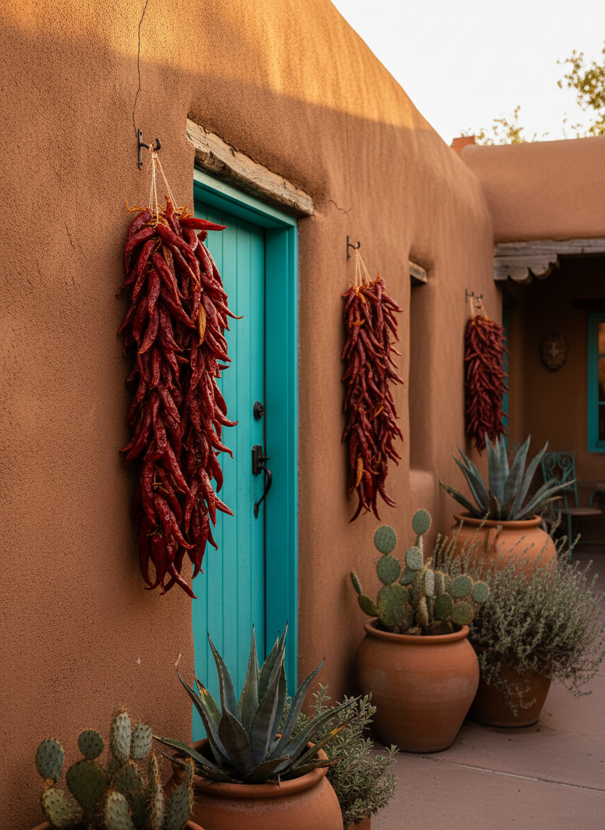 A close-up photographic view of a traditional Santa Fe adobe courtyard, showing a thick, textured adobe wall in rich ochre tones, its rough surface catching late afternoon golden-hour light. A vividly painted turquoise wooden door with hand-forged black iron hardware sits slightly ajar, revealing only deep shadow within. Along the base of the wall, clusters of red chile ristras hang, their glossy dried skins catching glints of sunlight. Clay pots overflow with desert plants and silvery-green sage. Shot from a slightly angled perspective with shallow depth of field, the foreground chile ristras in sharp focus and the background subtly blurred. The mood is warm, inviting, and quietly mysterious, emphasizing the tactile beauty of New Mexican architecture in clean, professional photographic realism.