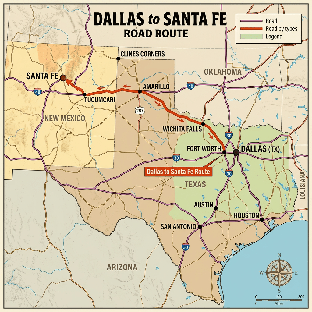 Map highlighting road route from Dallas, TX to Santa Fe, NM via Amarillo and Tucumcari